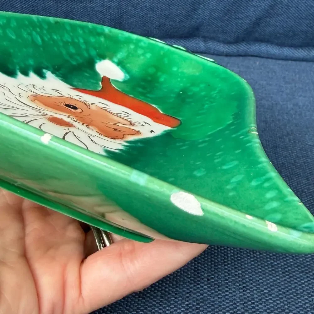 Lefton Winking Santa Green Bell Shape Candy Nut Dish Vtg Christmas Trinket READ